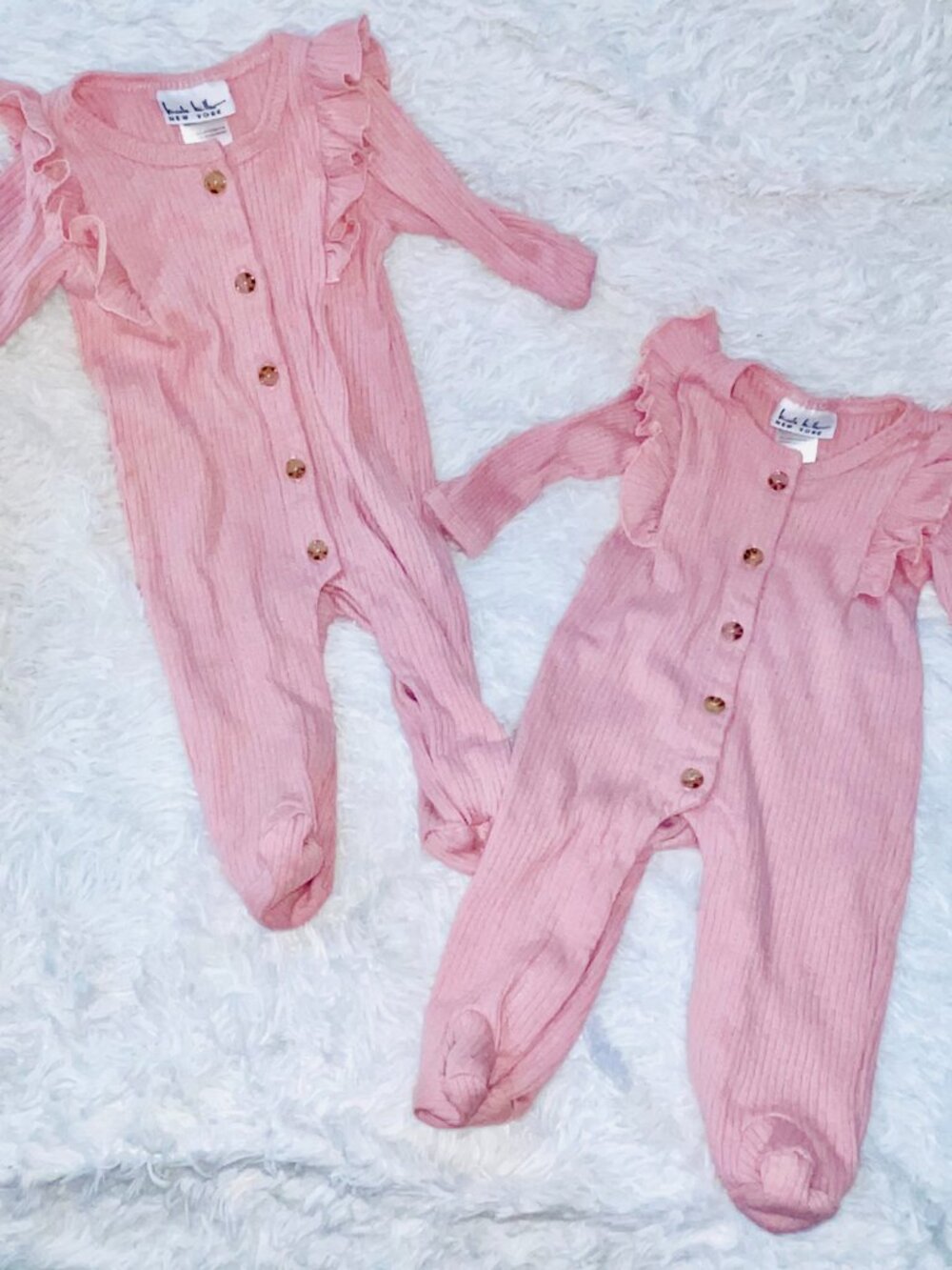 Twin Girl Nicole Miller Pale Pink Sleepers 0-3 Months Ribbed Ruffles Buttons